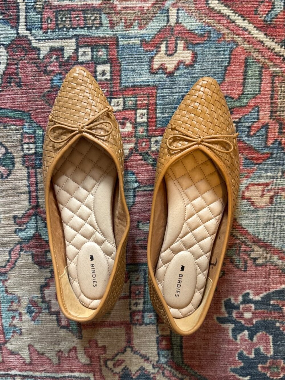 Birdies Tan woven flats with bow detail